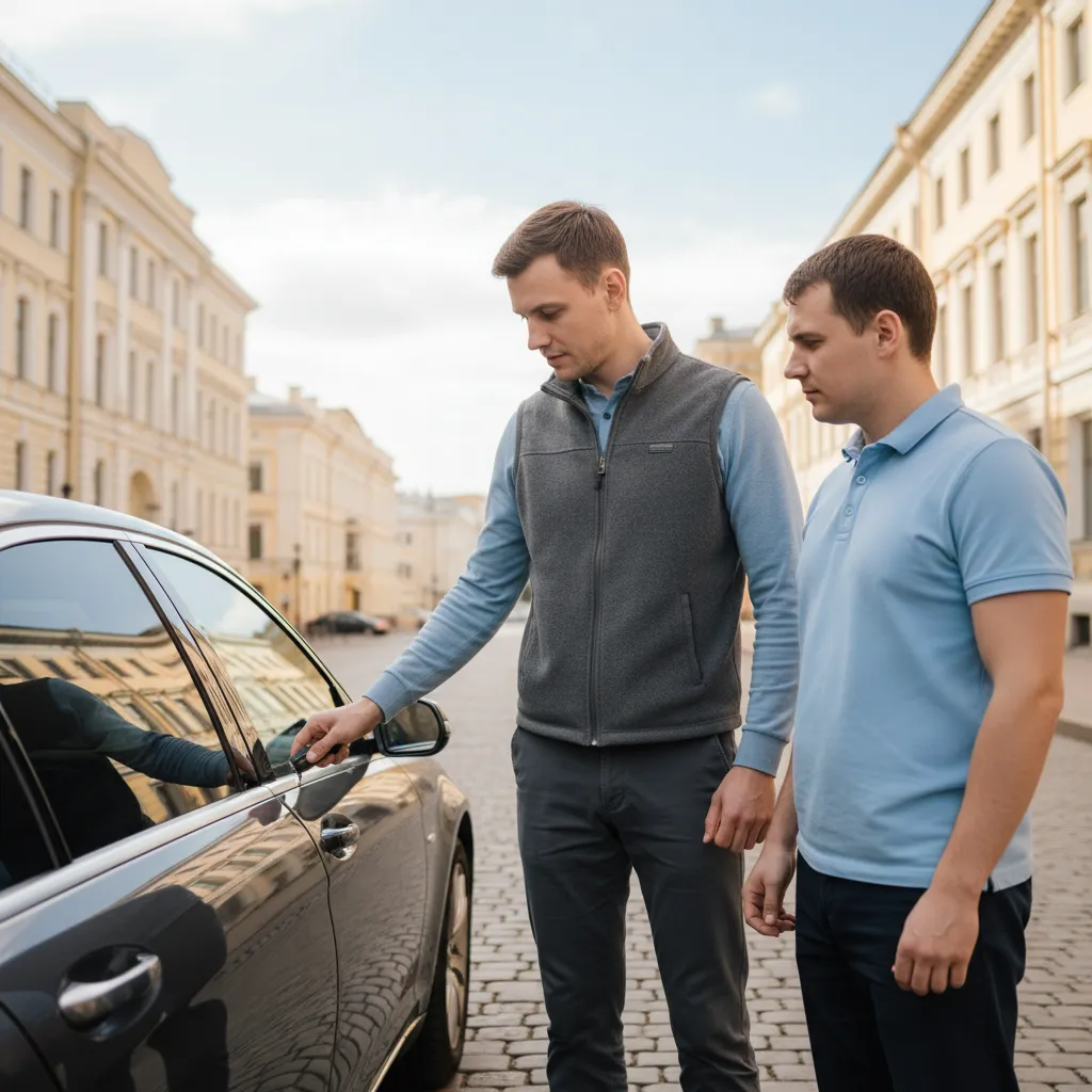 Владелец проверяет брелок у закрытого автомобиля, рядом мастер в светлом поло