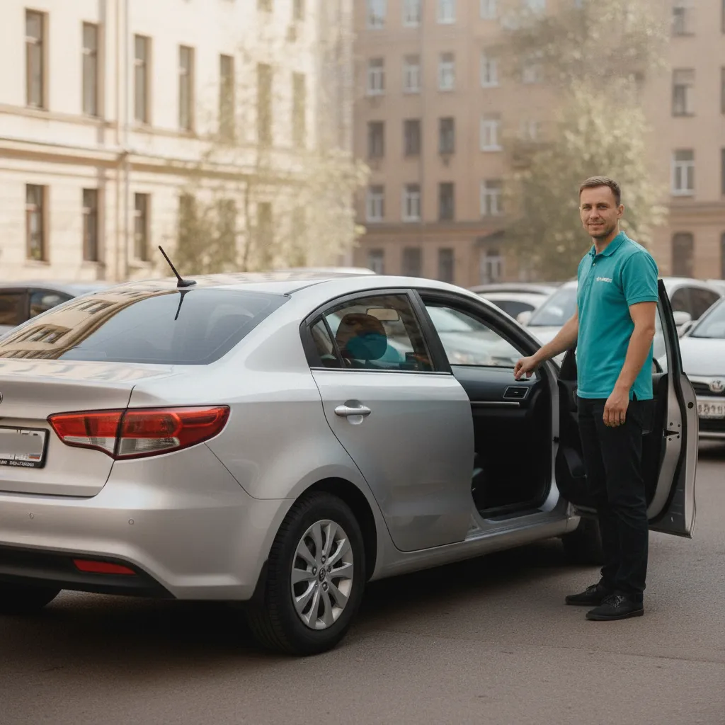 Мастер открыл заднюю дверь легкового автомобиля во дворе жилого дома днём