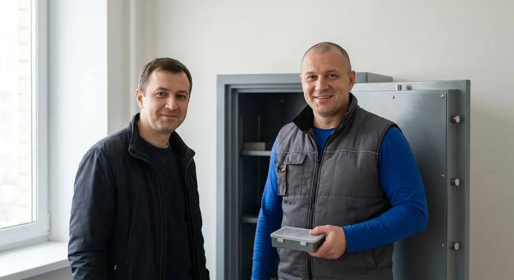 Юрий Б.: мастер и довольный клиент рядом с открытым сейфом — фото после вызова службы «Про-Замок»