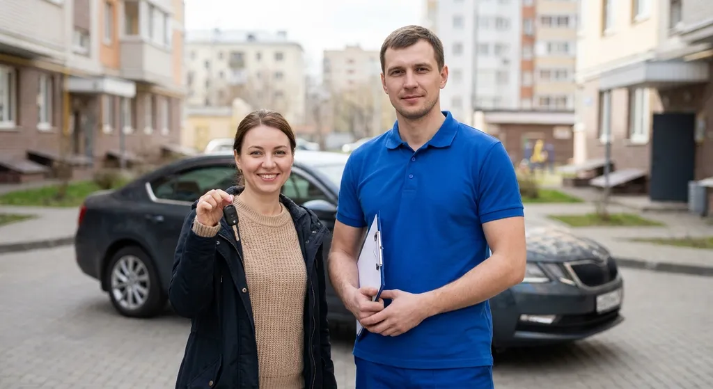 Регина А.: мастер и довольный клиент рядом с автомобилем — фото после вызова службы «Про-Замок»